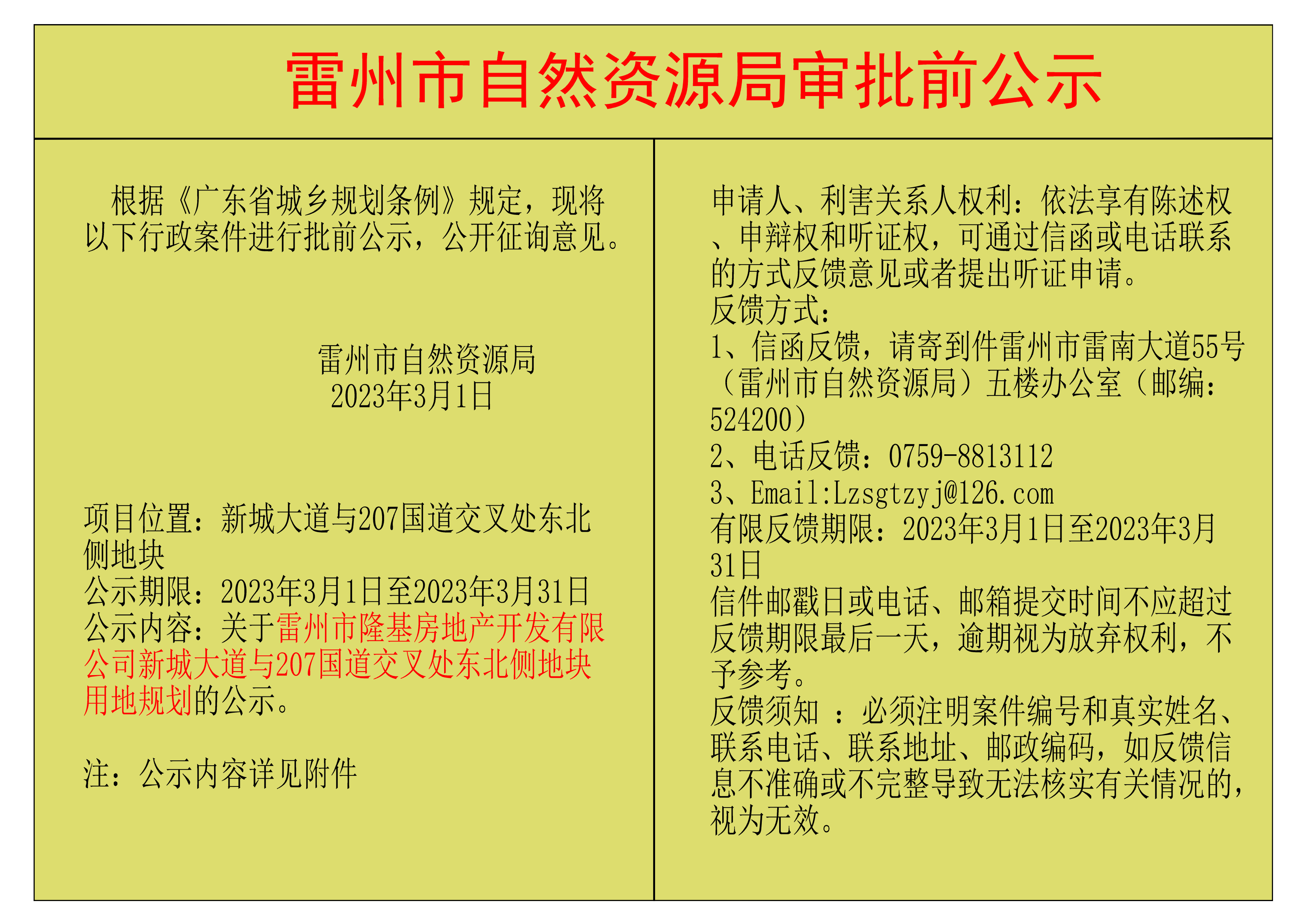 關(guān)于雷州市隆基房地產(chǎn)開發(fā)有限公司新城大道與207國道交叉處東北側(cè)地塊用地規(guī)劃的公示.png